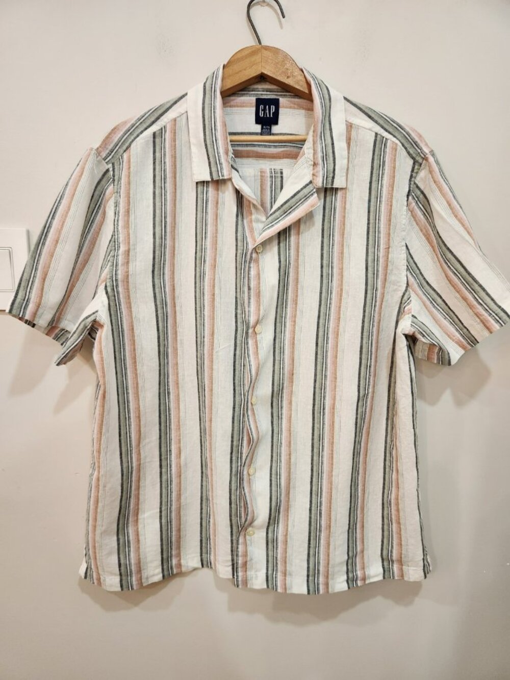 GAP Linen Blend Shirt Mens XL Striped Short Sleeve Button Up Standard Fit Resort